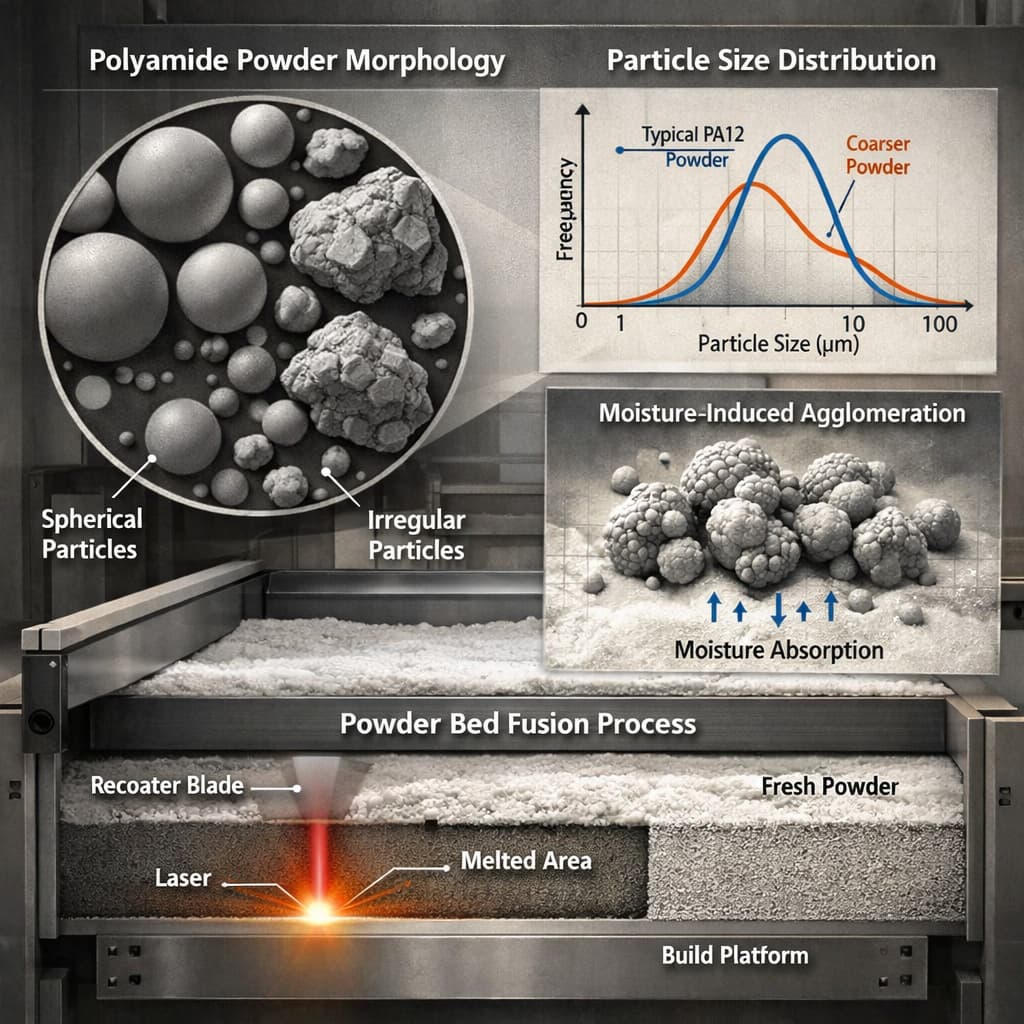 Factors Affecting the Flowability of Nylon Powder in Additive Manufacturing: An Analysis of Morphology, Particle Size and Moisture Content
