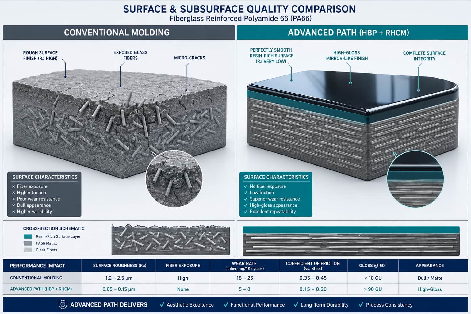 Glass fiber reinforced polyamide surface gloss technology comparison diagram. advanced modification paths for glass fiber reinforced polymers.